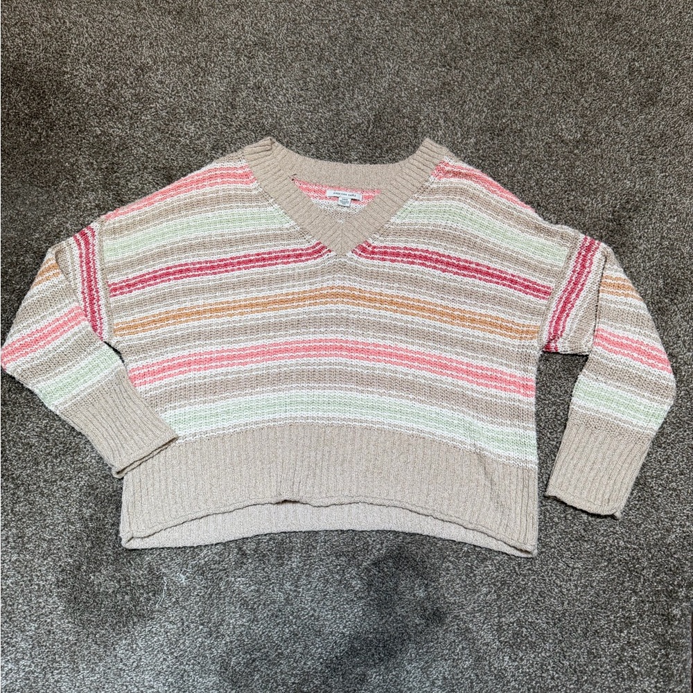 American Eagle Outfitters Beige V-Neck Sweater with Pastel Stripes